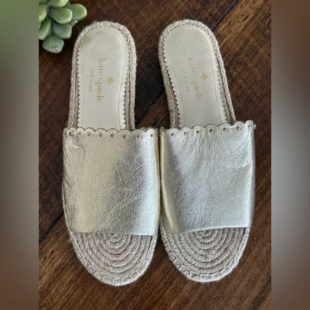 Kate Spade | Giovanna Gold Crinkle Leather Slip-on Espadrille Sandals, Size 8